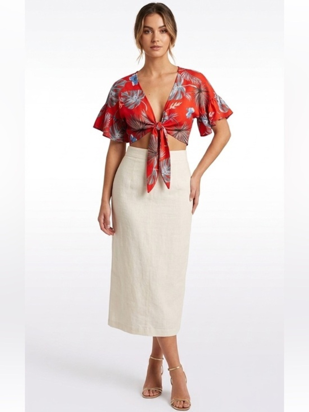 Red Floral Print Tropical Tie Front Crop Top Size Medium
